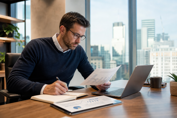 Businesswoman Researching Financing In Modern Office-1