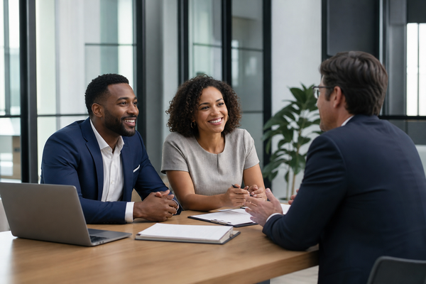 Happy Real Estate Investors Meeting With Trusted Lender In Modern Office-1